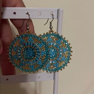Blue Beaded Circular Earrings
